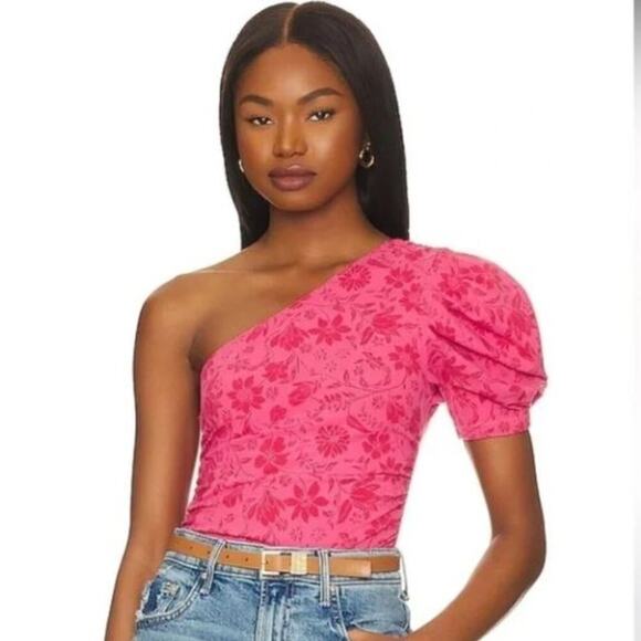 Free People Tops - Free People NWT Somethin' Bout You Floral Bodysuit Hot Pink Puff Sleeve Small